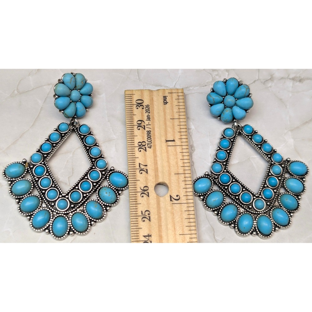 New Drop Earrings Blue Faux Turquoise Beaded Silver Tone Chandelier Western Boho